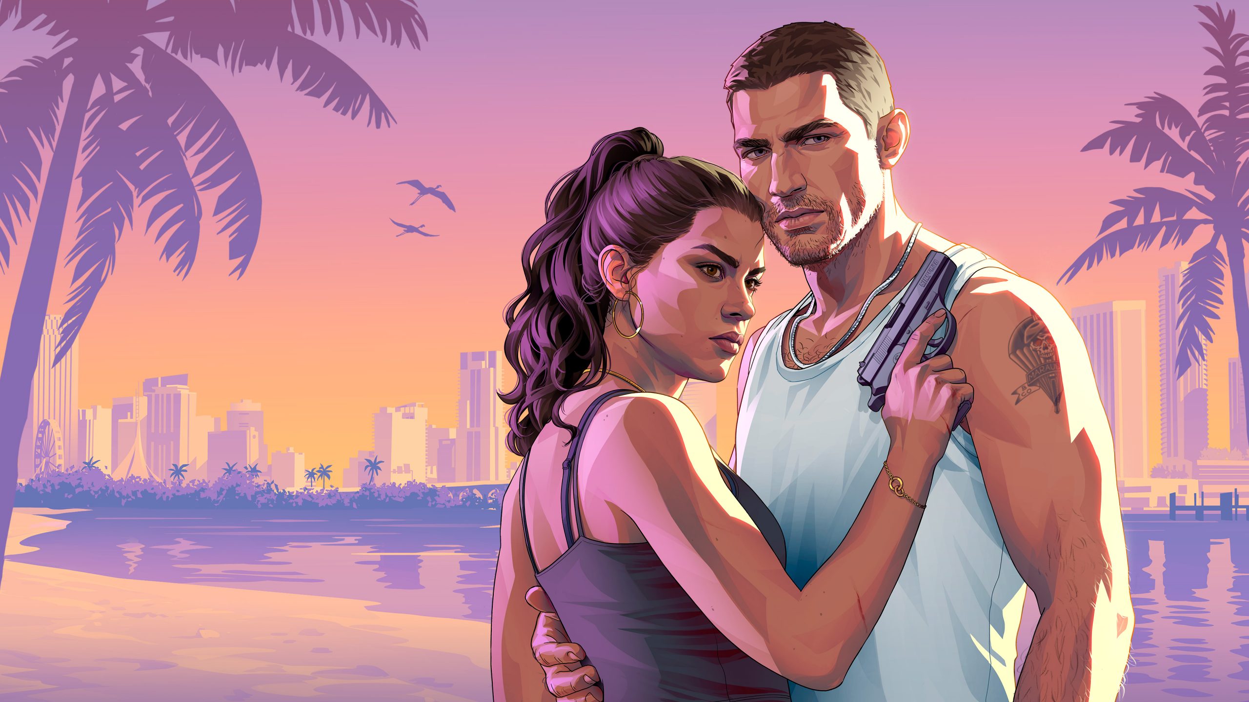 Jason and Lucia with Vice City skyline — GTA VI official artwork