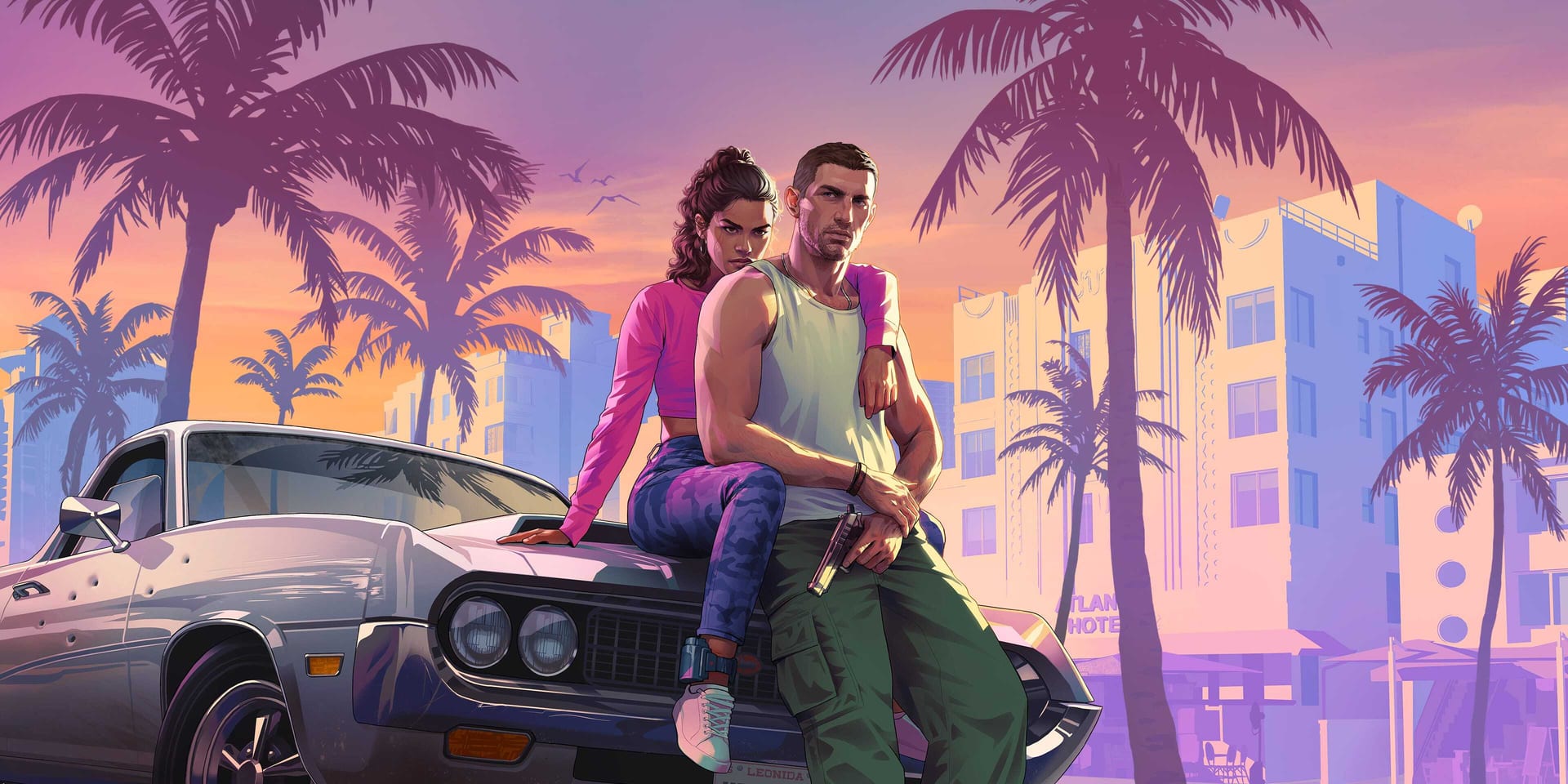 Jason and Lucia with Vice City skyline — GTA VI official artwork